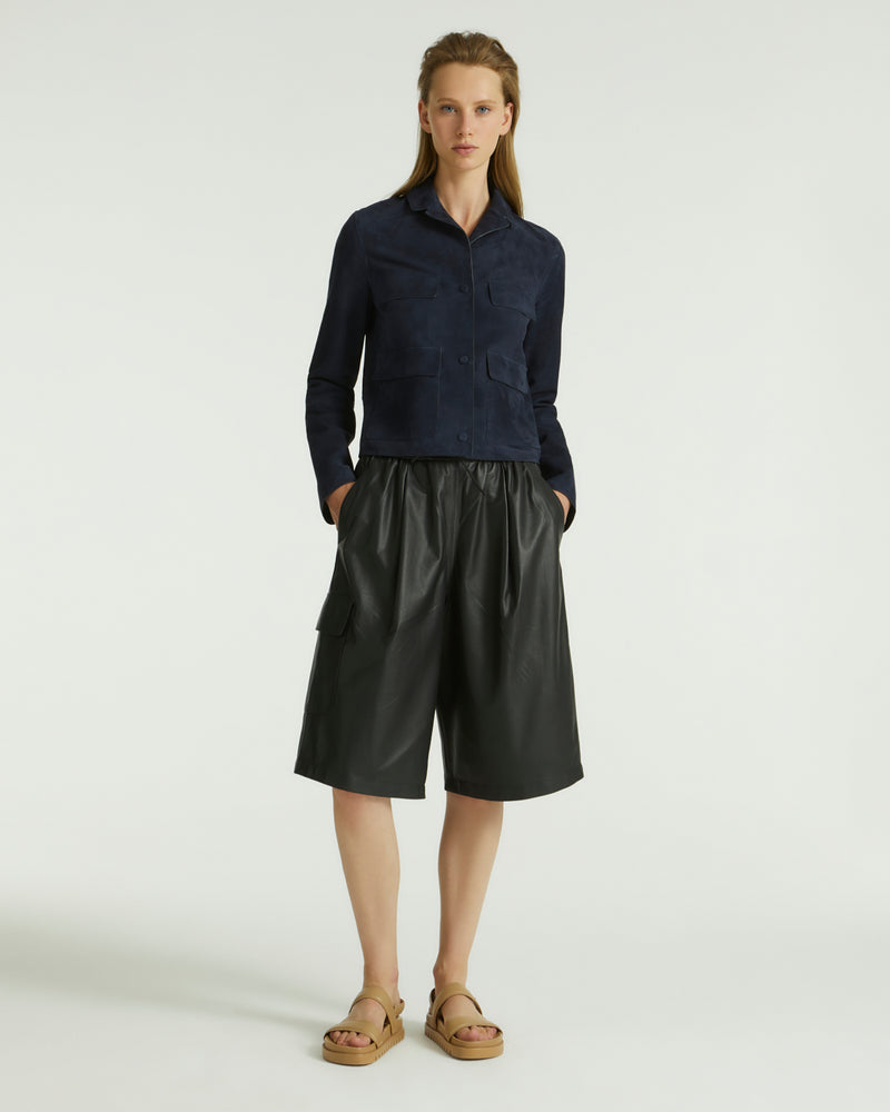 Cropped jacket in double-sided velour lamb leather - blue - Yves Salomon