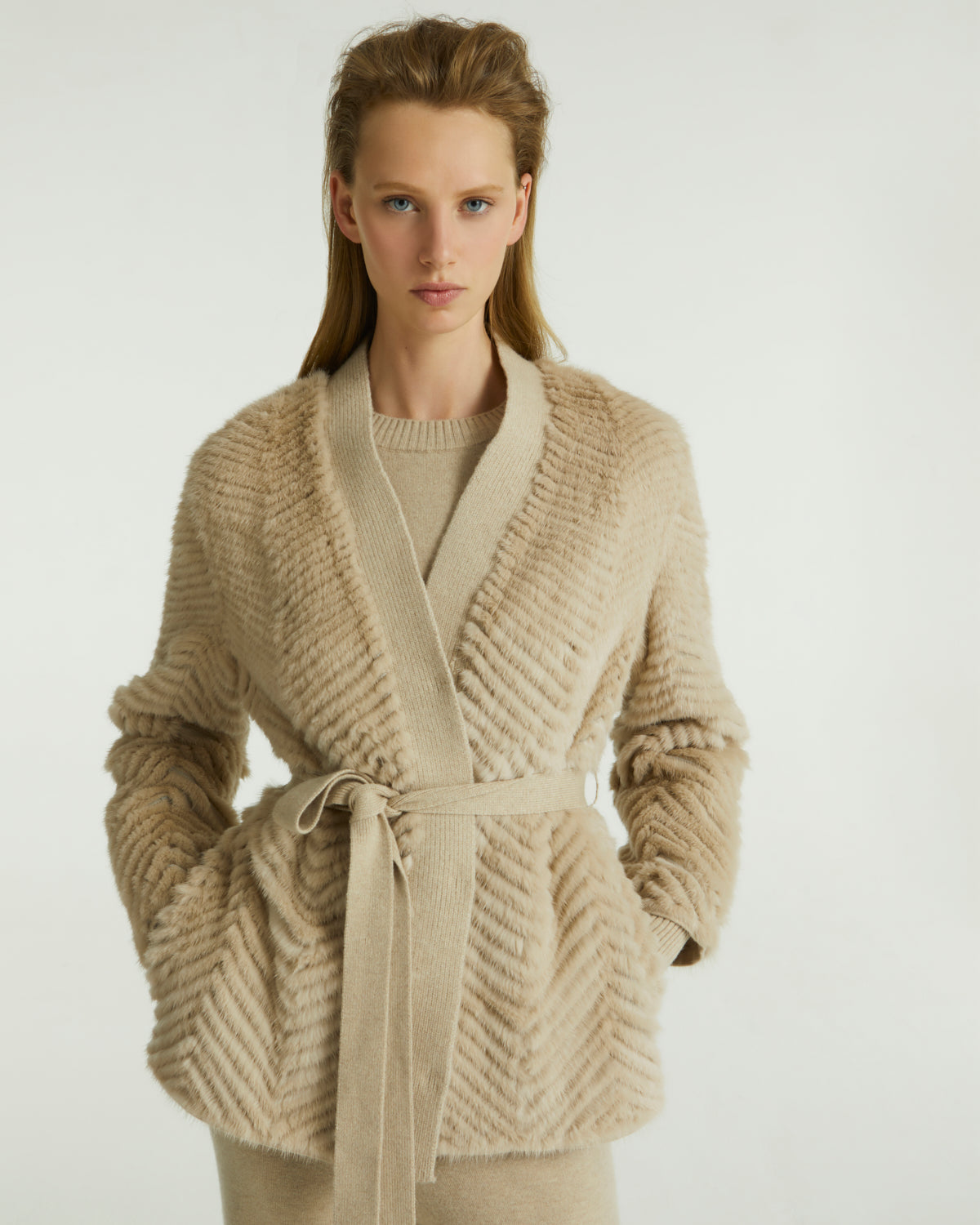 Merino knit and mink cardigan - beige - Yves Salomon