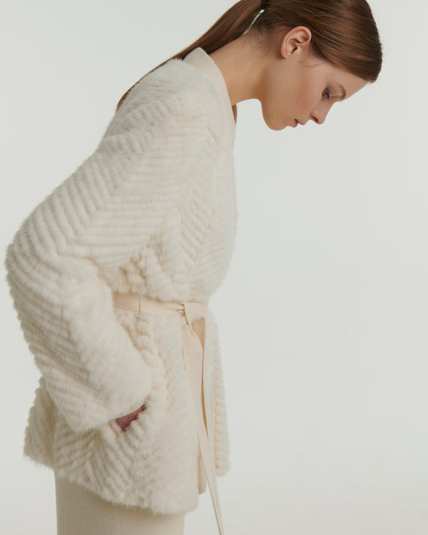 Merino knit and mink cardigan - white - Yves Salomon
