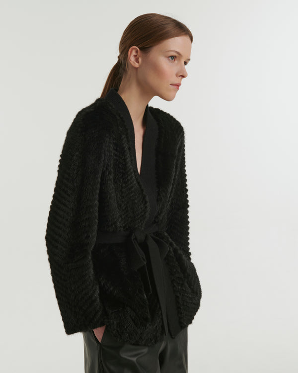 Merino knit and mink cardigan - black - Yves Salomon