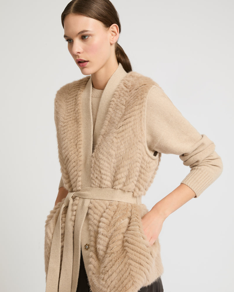 Belted gilet in merino knit and mink fur - beige - Yves Salomon