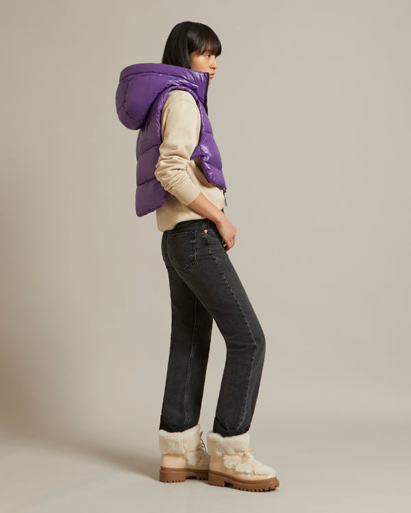 Reversible down-filled bib in matte and shiny water-repellent technical fabric - purple - Yves Salomon