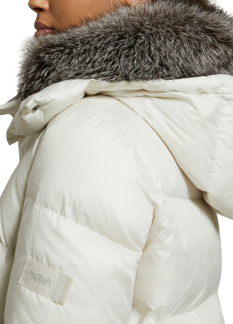 "A" line down jacket in water-repellent technical fabric with fox fur collar