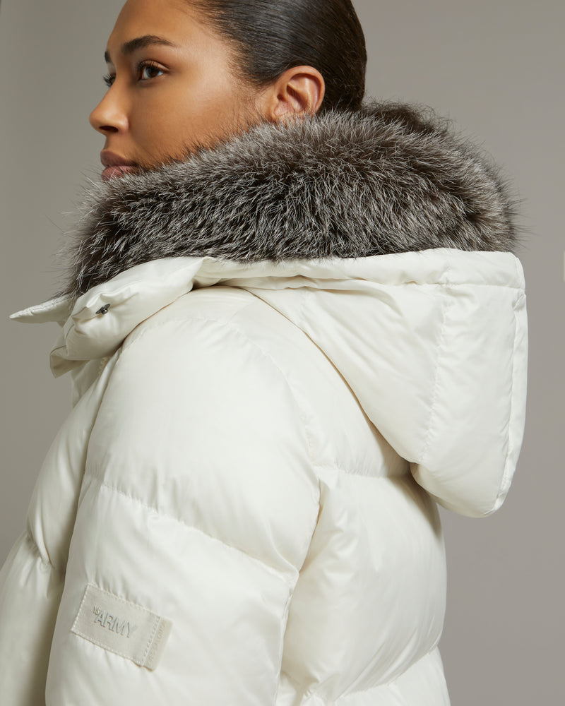 A line down jacket in water-repellent technical fabric with fox