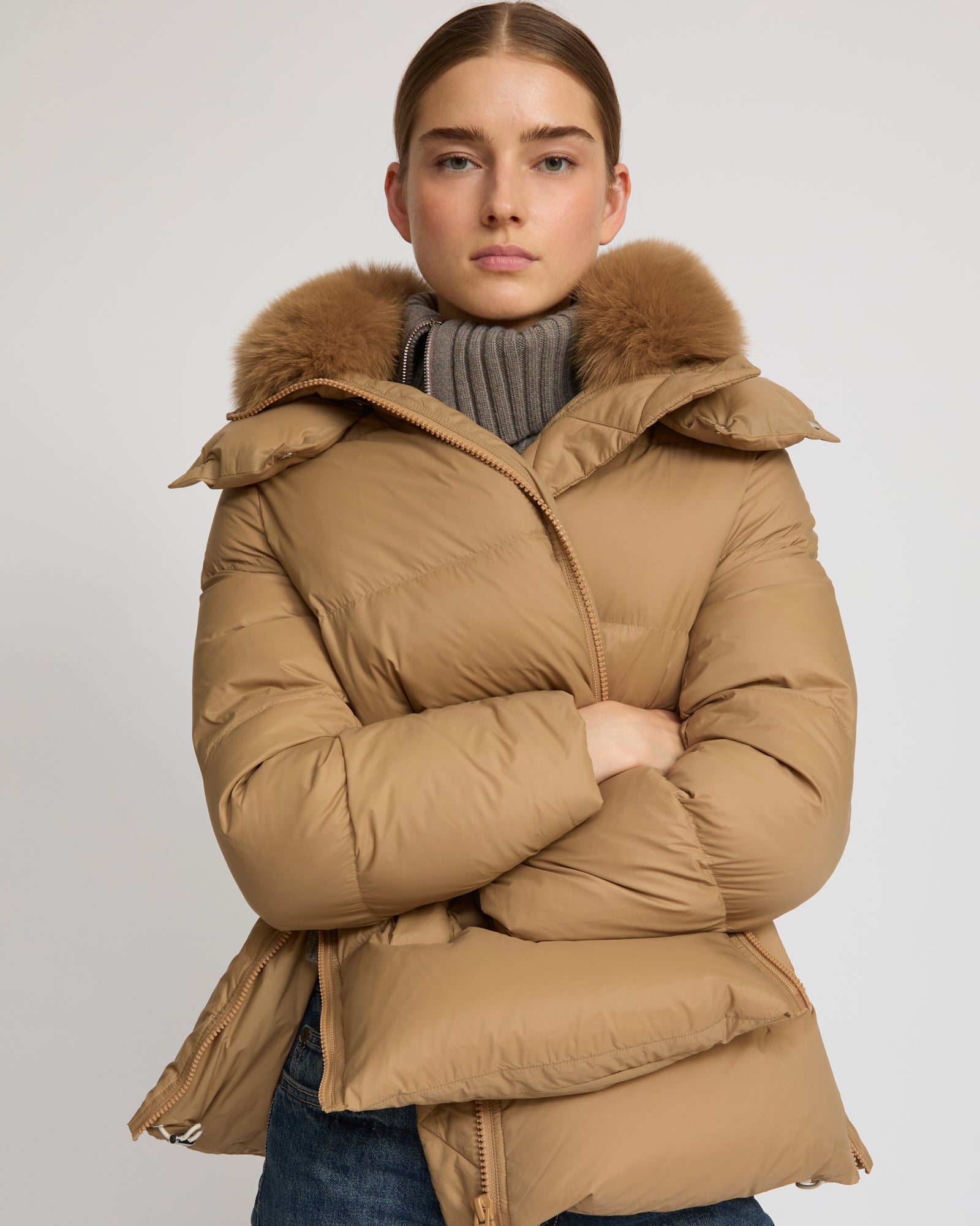 YVES SALOMON　ファージャケット　コヨーテ　ブラック　フランス製　46 Long iconic parka in cotton and fur - Black - Yves Salomon