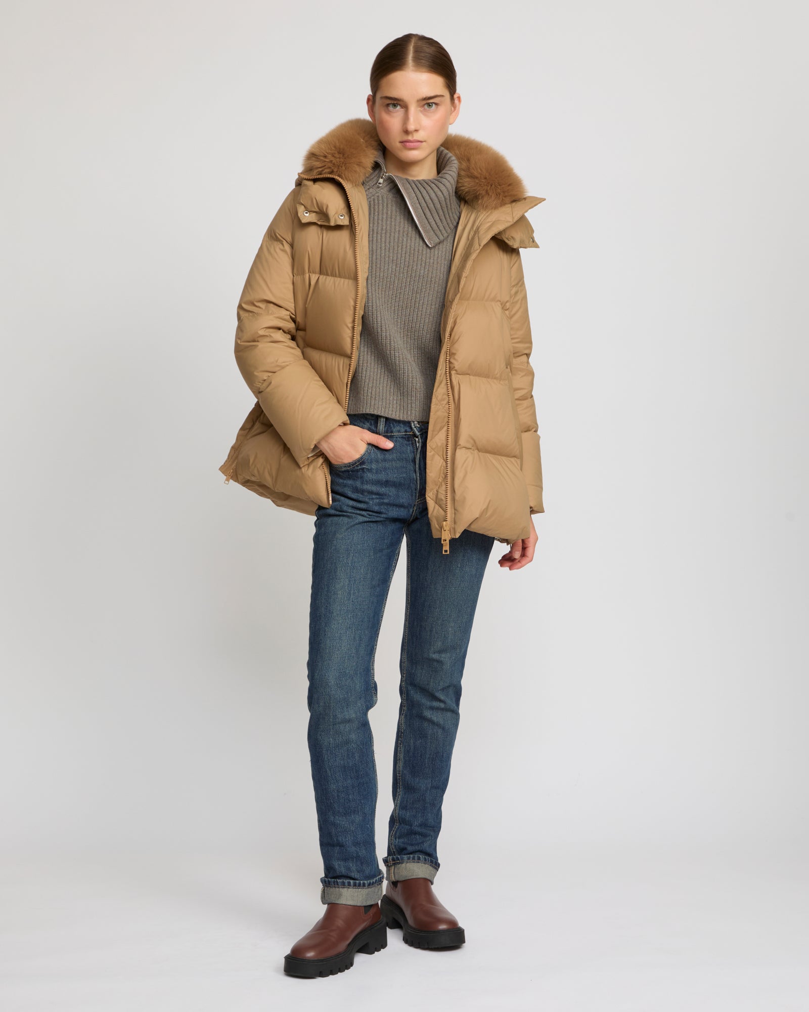 Iconic "A" line down jacket with fox fur collar - Yves Salomon