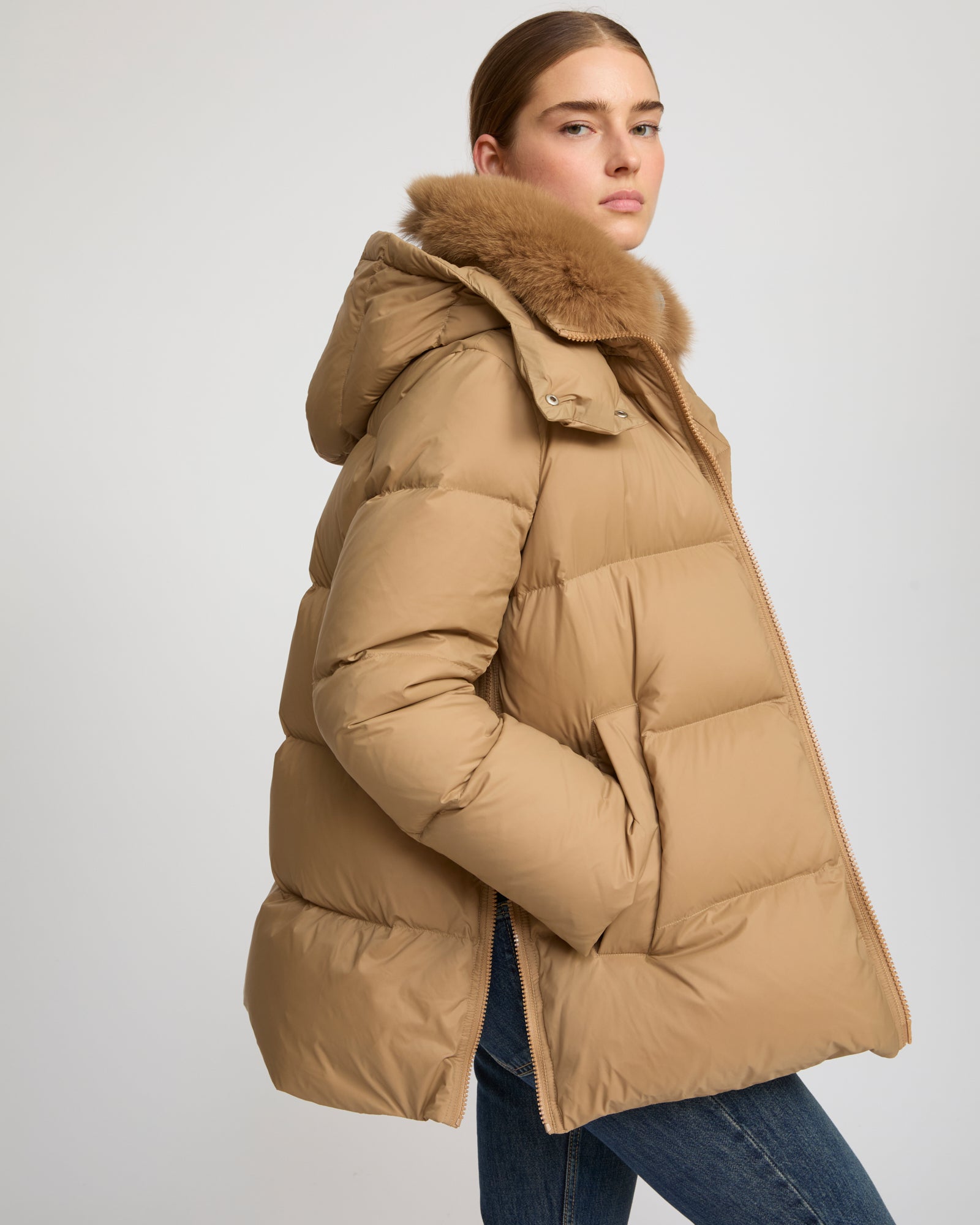 Iconic "A" line down jacket with fox fur collar - Yves Salomon