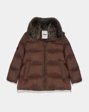 A line down jacket in water-repellent technical fabric with fox fur collar