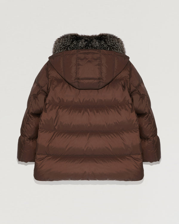 "A" line down jacket in water-repellent technical fabric with fox fur collar