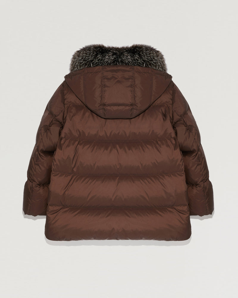 "A" line down jacket in water-repellent technical fabric with fox fur collar