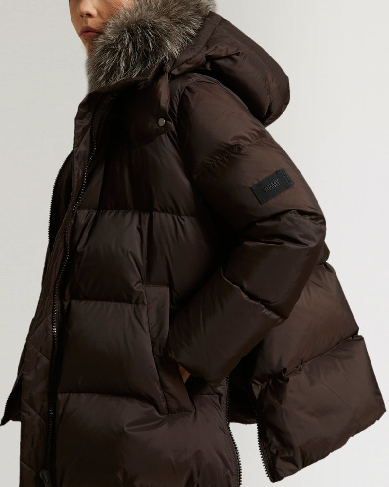 "A" line down jacket in water-repellent technical fabric with fox fur collar