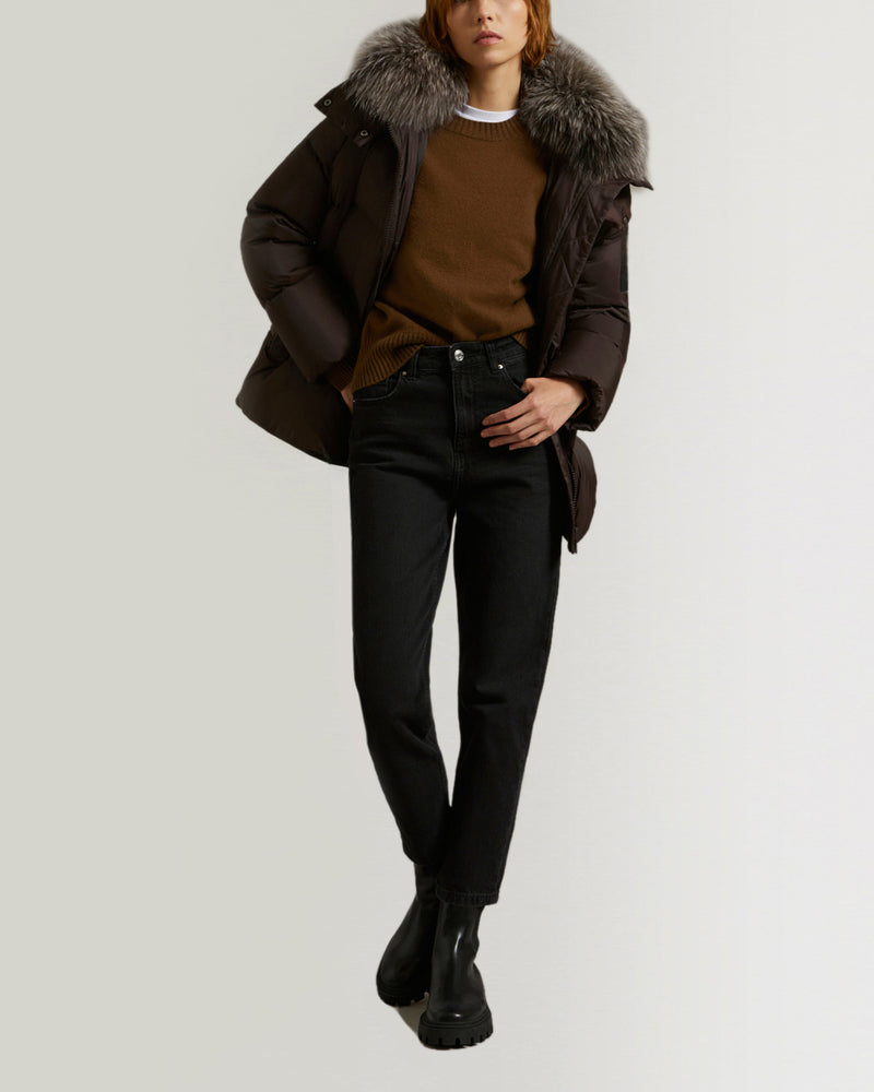 "A" line down jacket in water-repellent technical fabric with fox fur collar