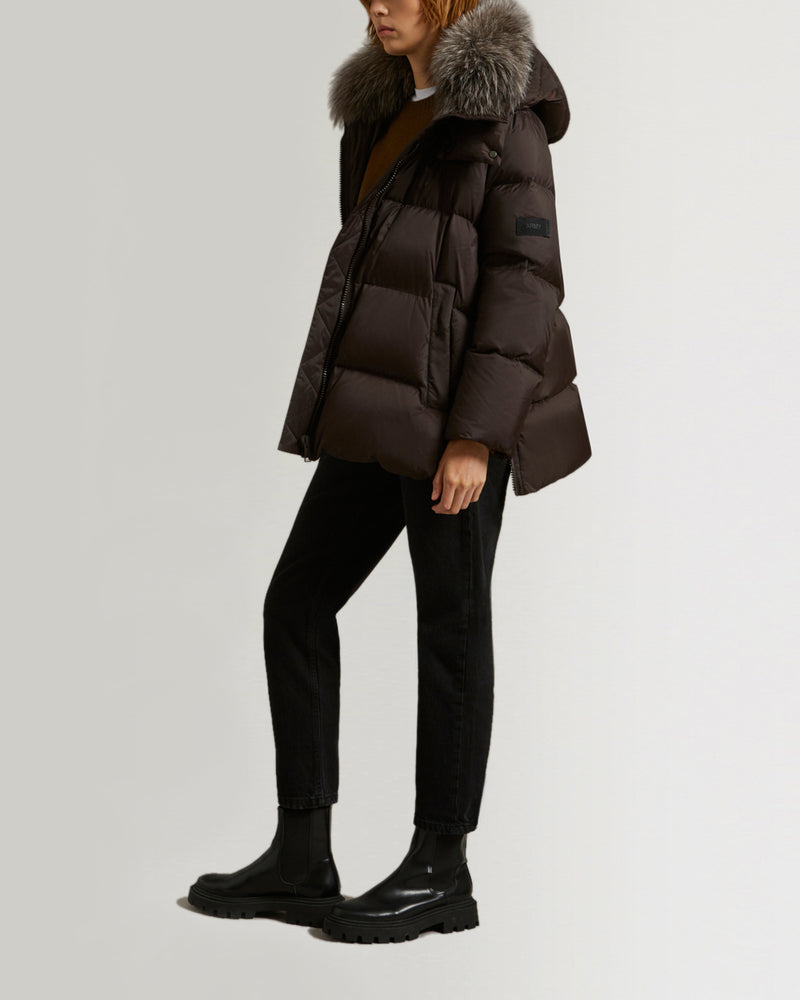 "A" line down jacket in water-repellent technical fabric with fox fur collar