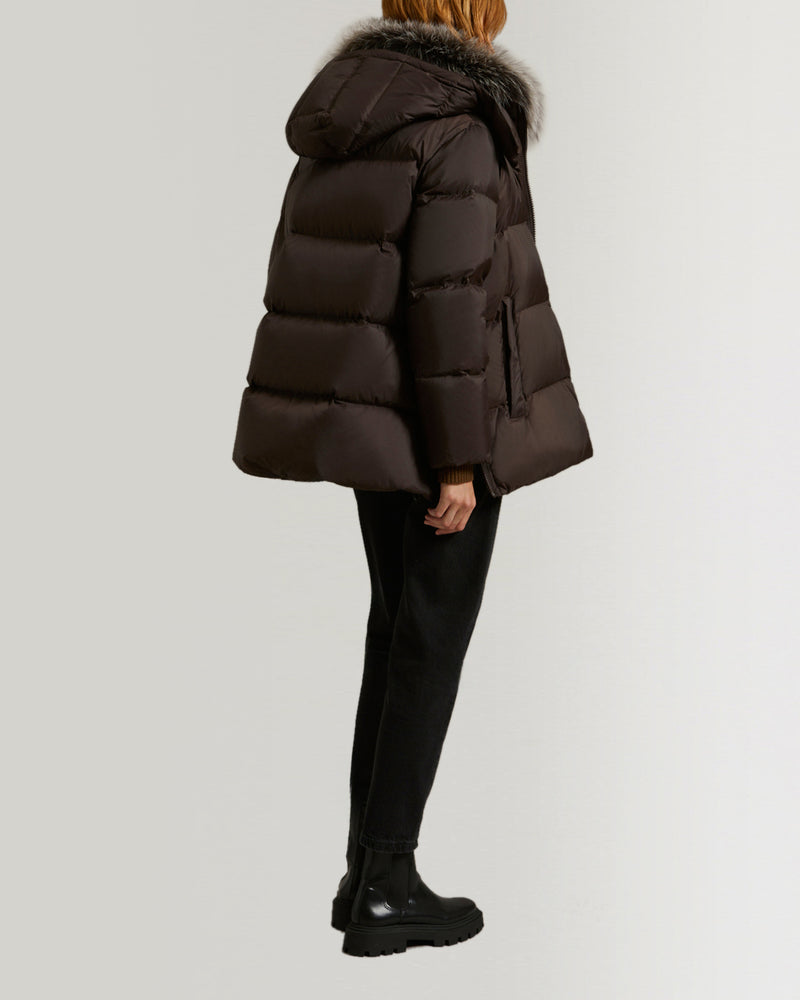 "A" line down jacket in water-repellent technical fabric with fox fur collar