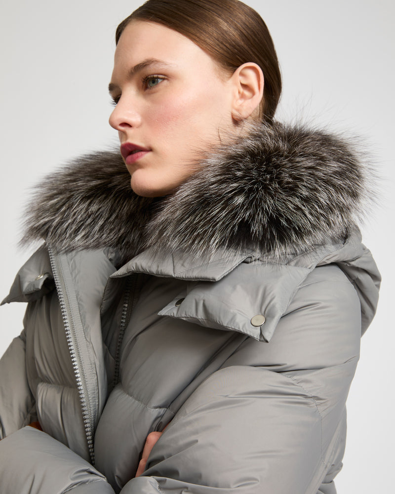 A line down jacket in water-repellent technical fabric with fox fur collar - grey - Yves Salomon