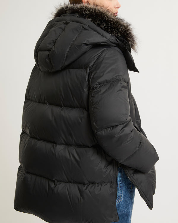 Iconic "A" line down jacket with fox fur collar