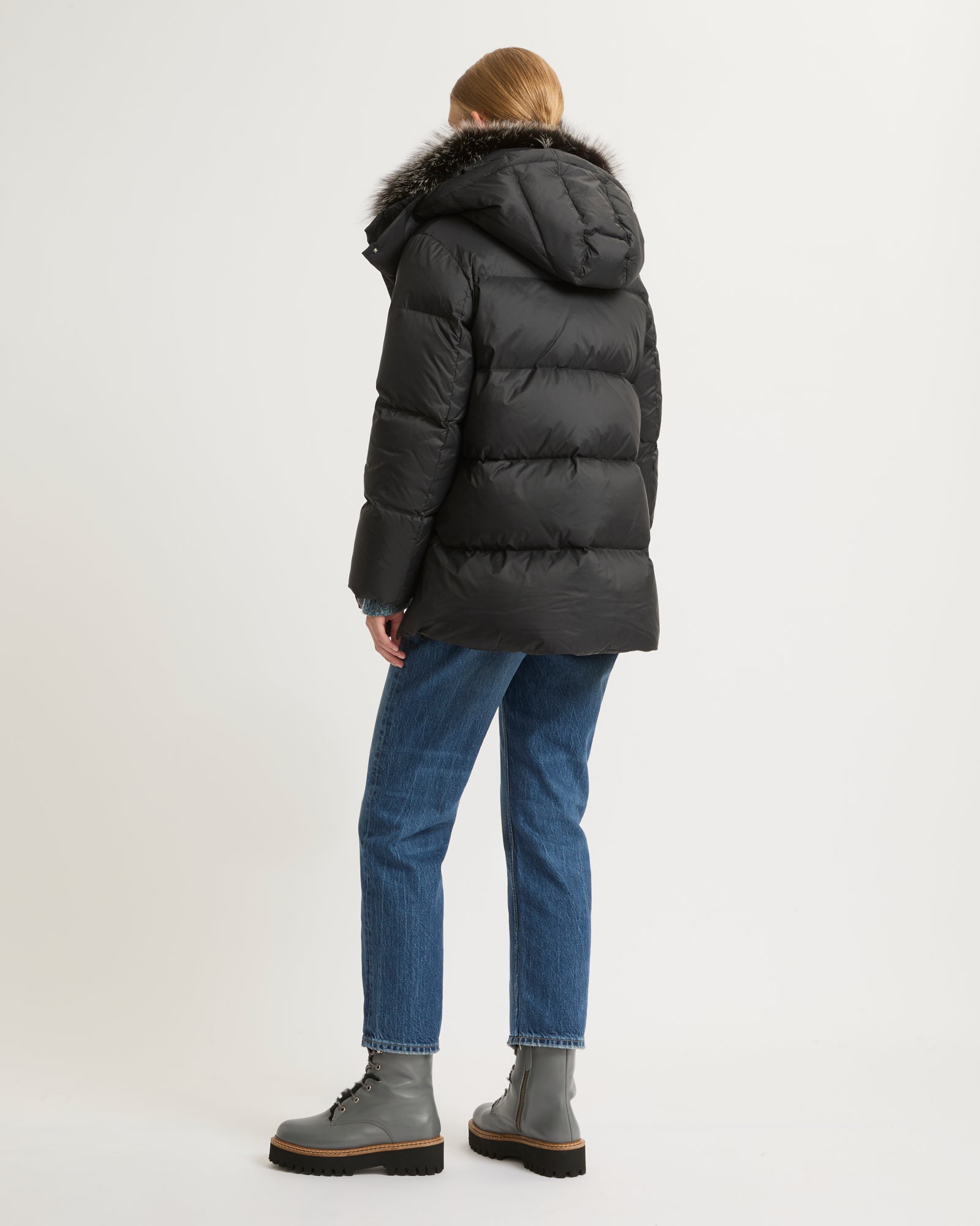 ジャケット・アウター Silk Polyester Shawl Collar Down Coat 7/8 length down jacket with fox fur collar - grey - Yves