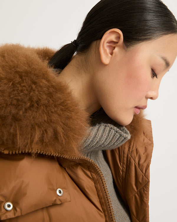 A line down jacket in water-repellent technical fabric with fluffy lambswool collar - brown - Yves Salomon