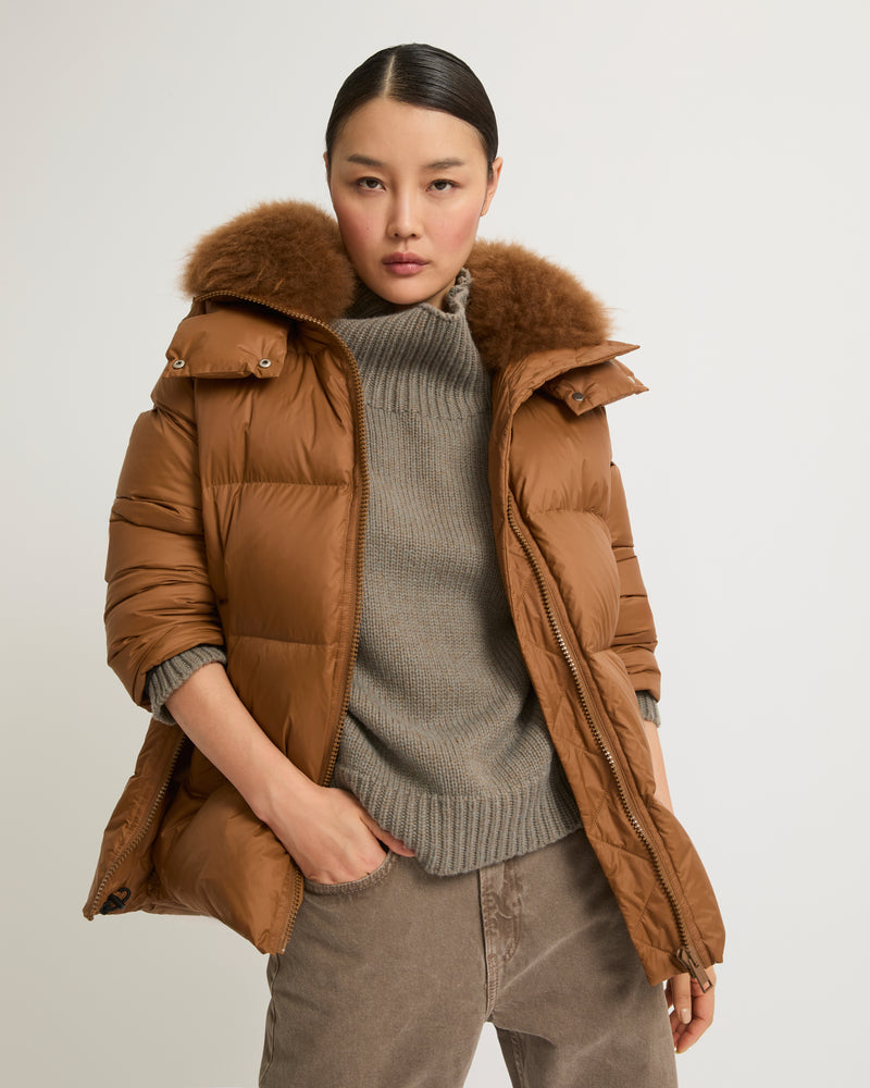 A line down jacket in water-repellent technical fabric with fluffy lambswool collar - brown - Yves Salomon