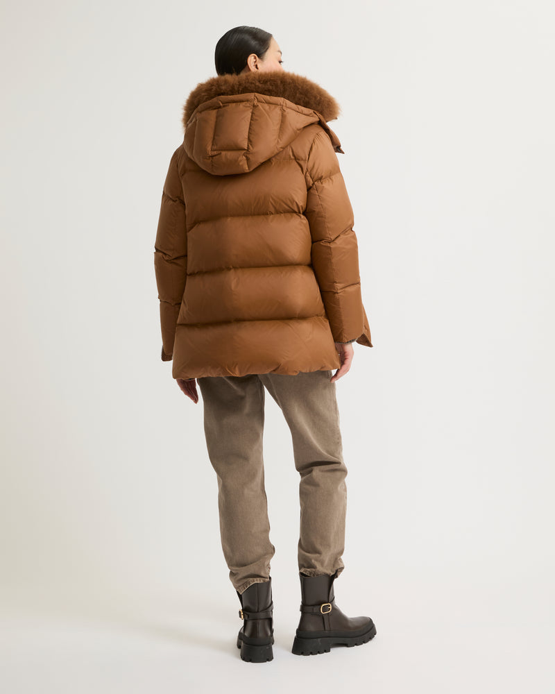 A line down jacket in water-repellent technical fabric with fluffy lambswool collar - brown - Yves Salomon