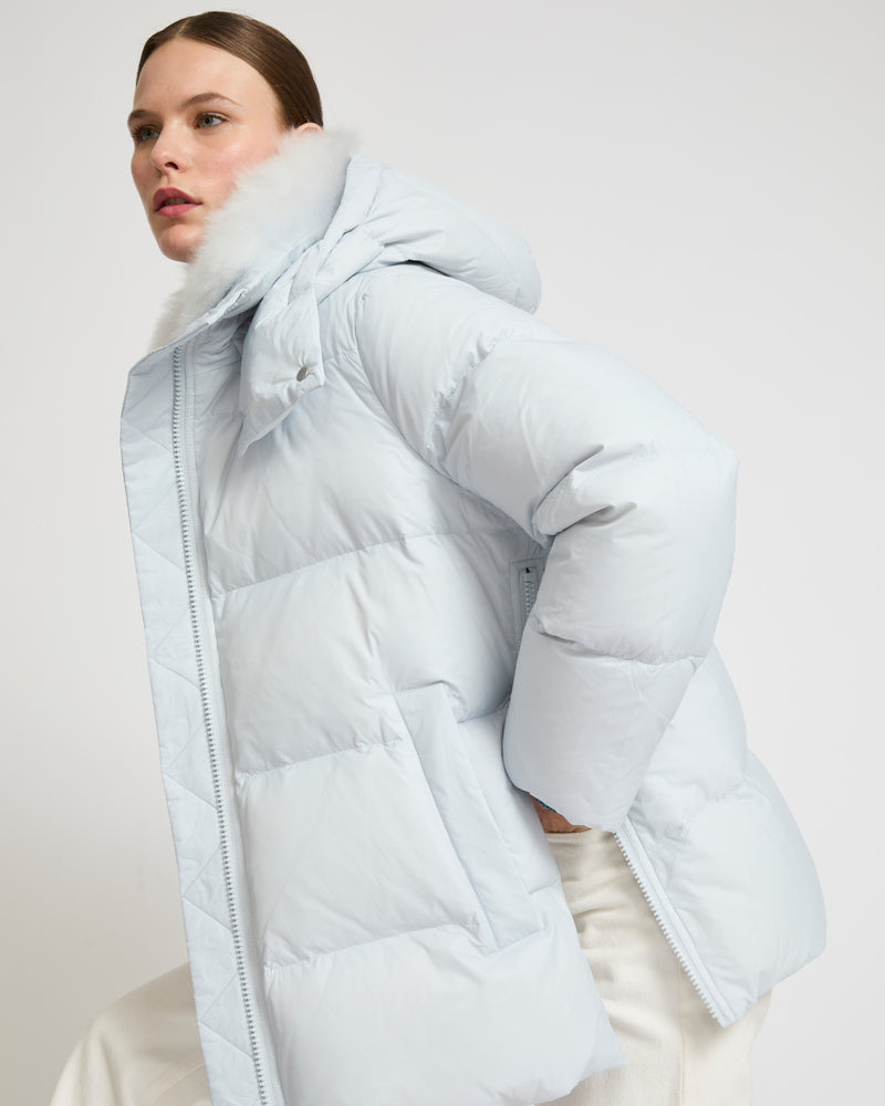 A line down jacket in water-repellent technical fabric with fluffy lambswool collar - blue - Yves Salomon