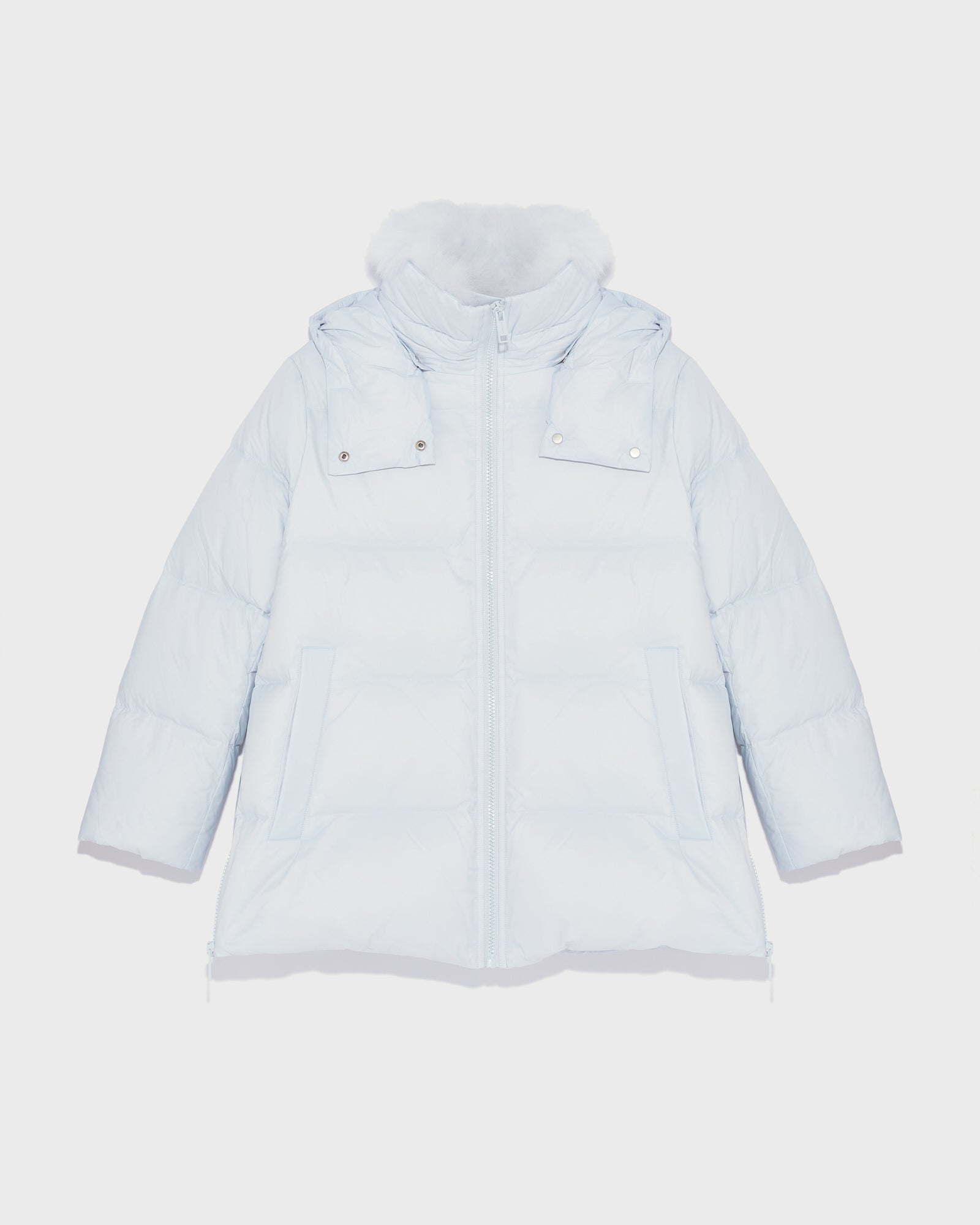 A line down jacket in water-repellent technical fabric with fluffy  lambswool collar