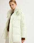 A line down jacket in water-repellent technical fabric with fluffy lambswool collar