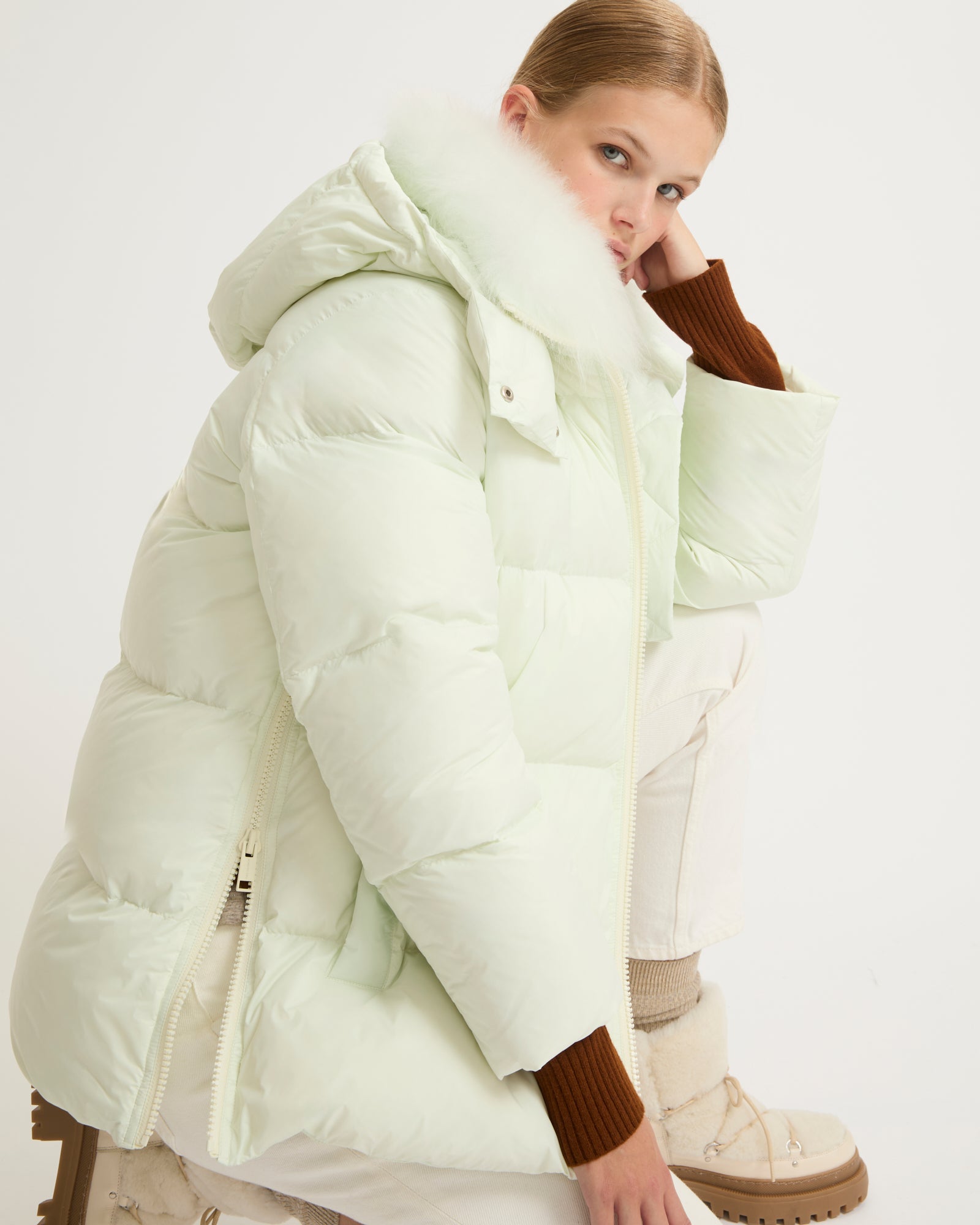 A line down jacket in water-repellent technical fabric with fluffy lambswool collar-Yves salomon-Winter sale & boxing day