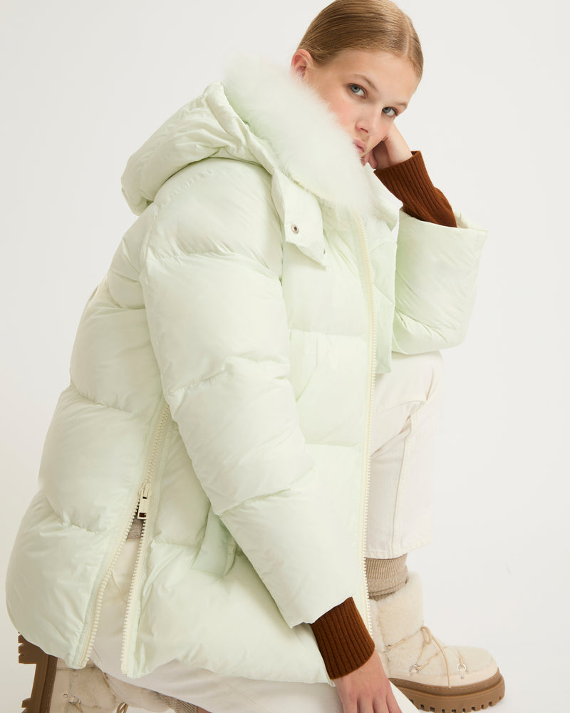 A line down jacket in water-repellent technical fabric with fluffy lambswool collar - light green - Yves Salomon