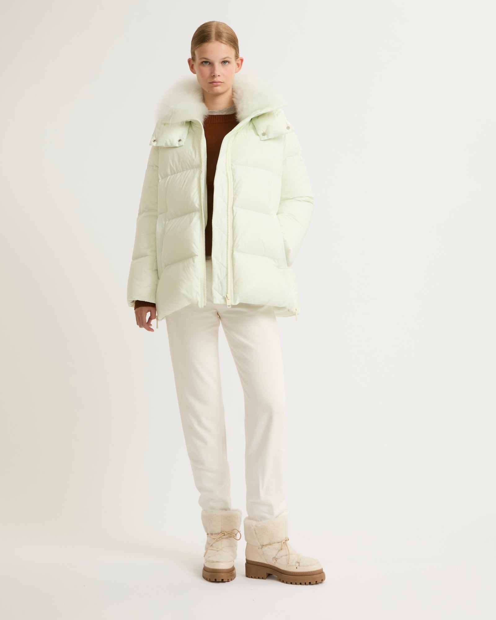 A line down jacket in water-repellent technical fabric with fluffy lambswool collar-Yves salomon-Winter sale & boxing day