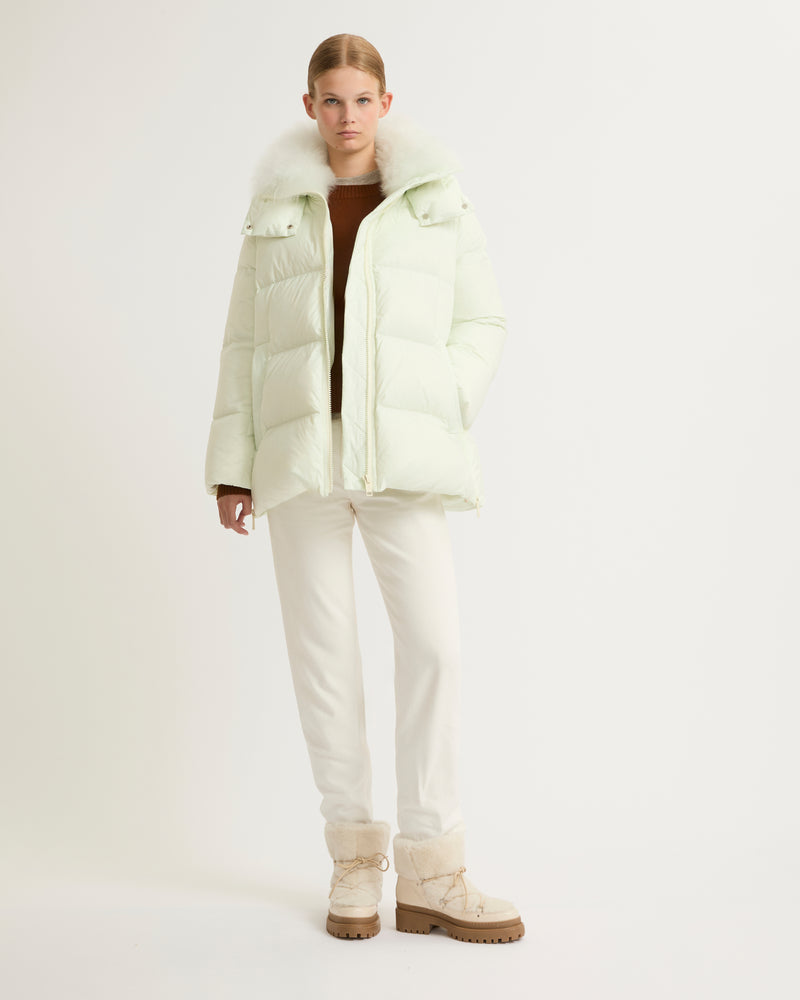 A line down jacket in water-repellent technical fabric with fluffy lambswool collar - light green - Yves Salomon