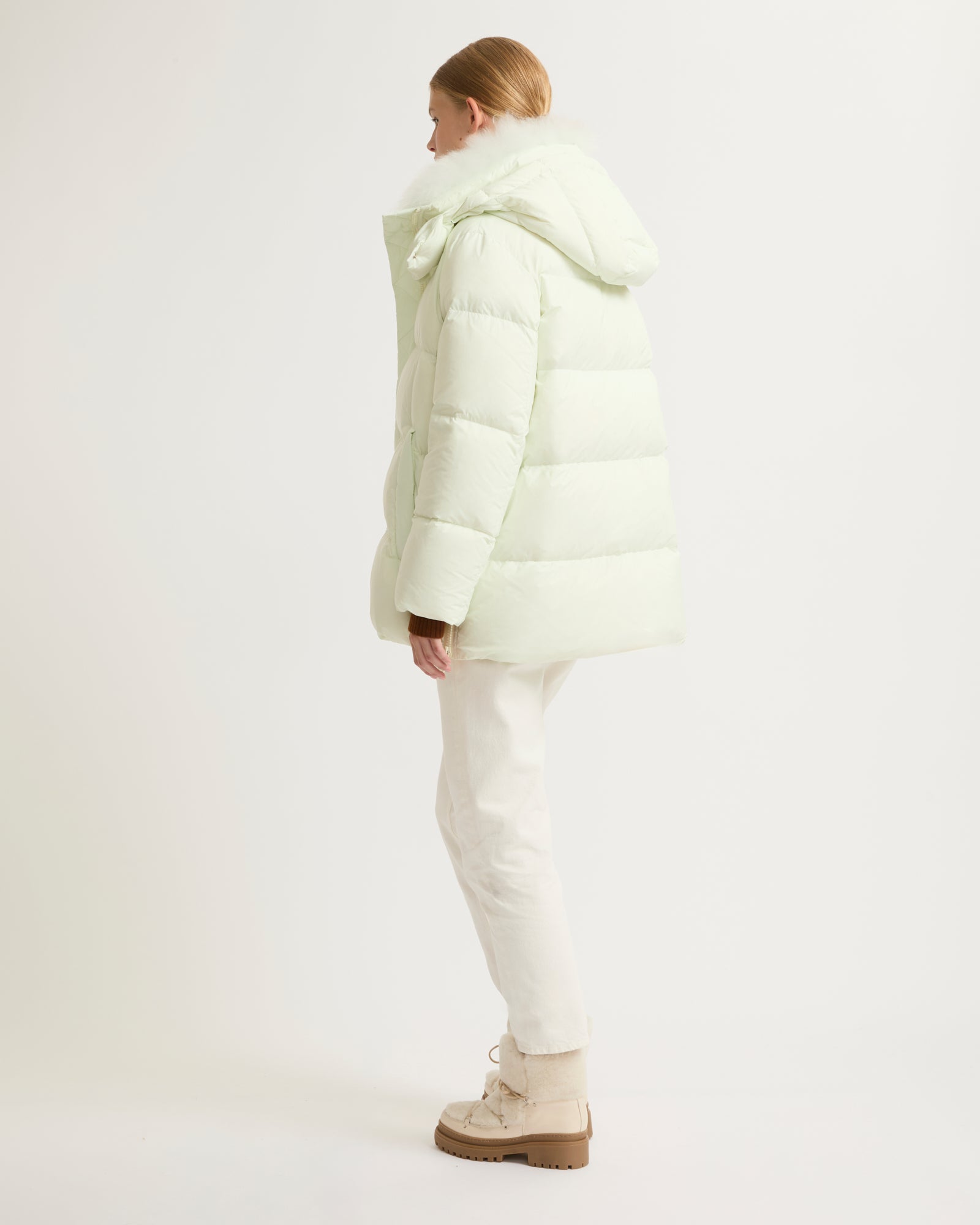 A line down jacket in water-repellent technical fabric with fluffy lambswool collar-Yves salomon-Winter sale & boxing day