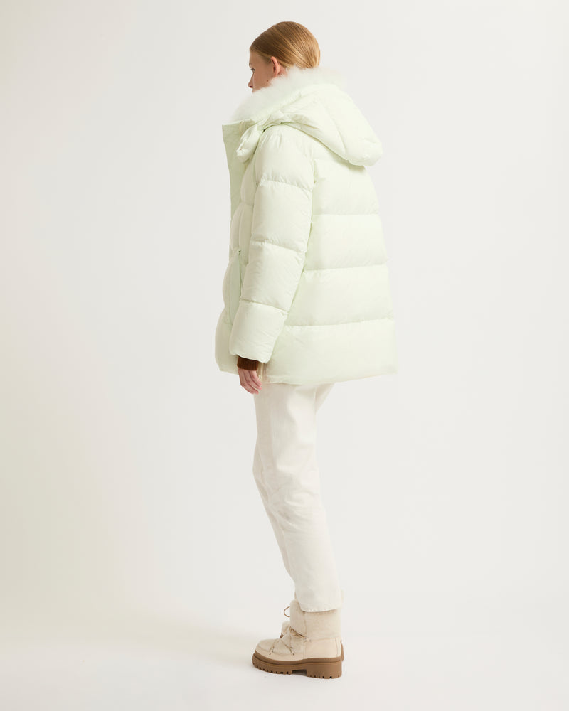 A line down jacket in water-repellent technical fabric with fluffy lambswool collar - light green - Yves Salomon