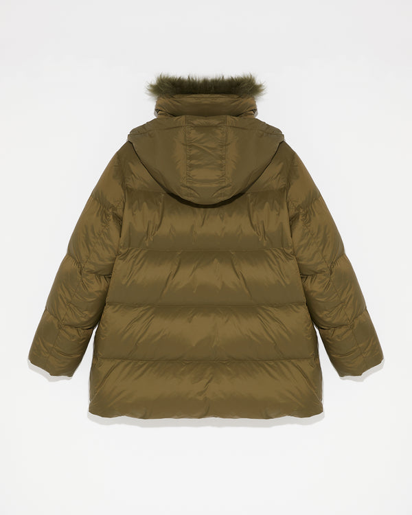 Iconic "A" line down jacket with lambswool collar