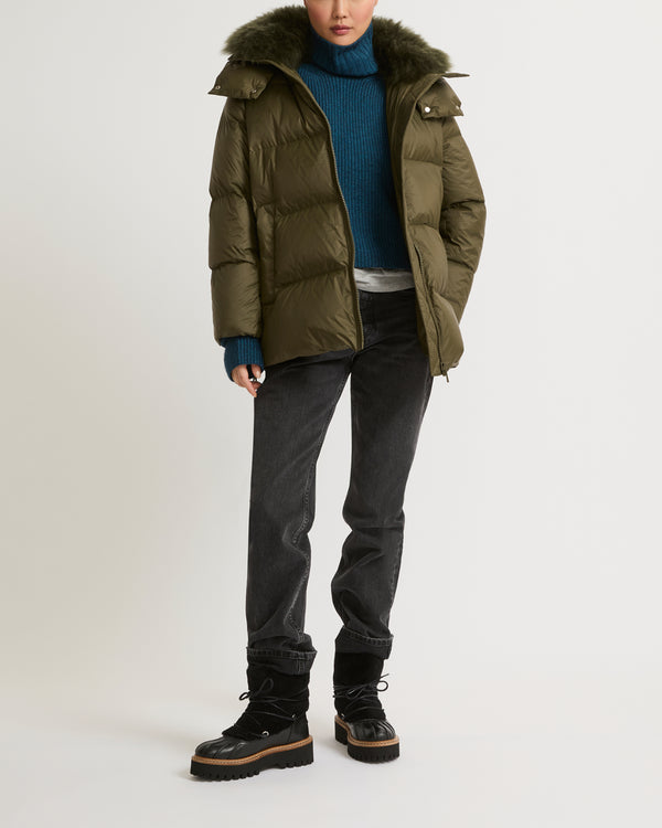 Iconic "A" line down jacket with lambswool collar