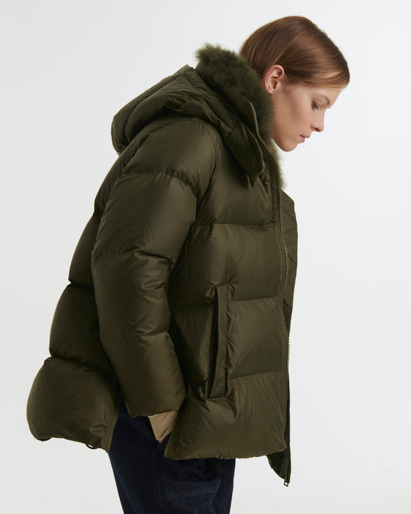 A line down jacket in water-repellent technical fabric with fluffy lambswool collar - khaki - Yves Salomon