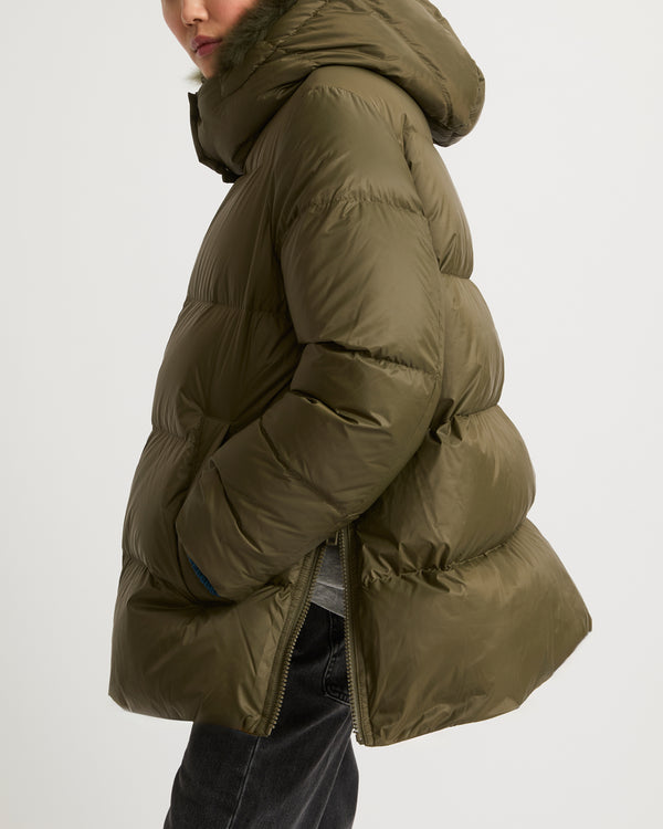 Iconic "A" line down jacket with lambswool collar