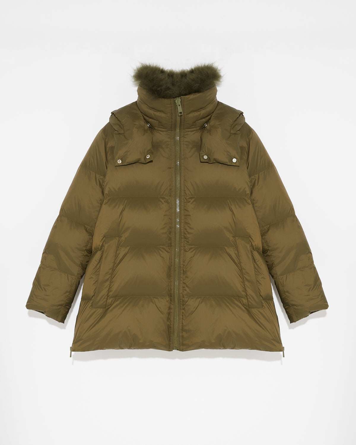 A line down jacket in water-repellent technical fabric with fluffy  lambswool collar