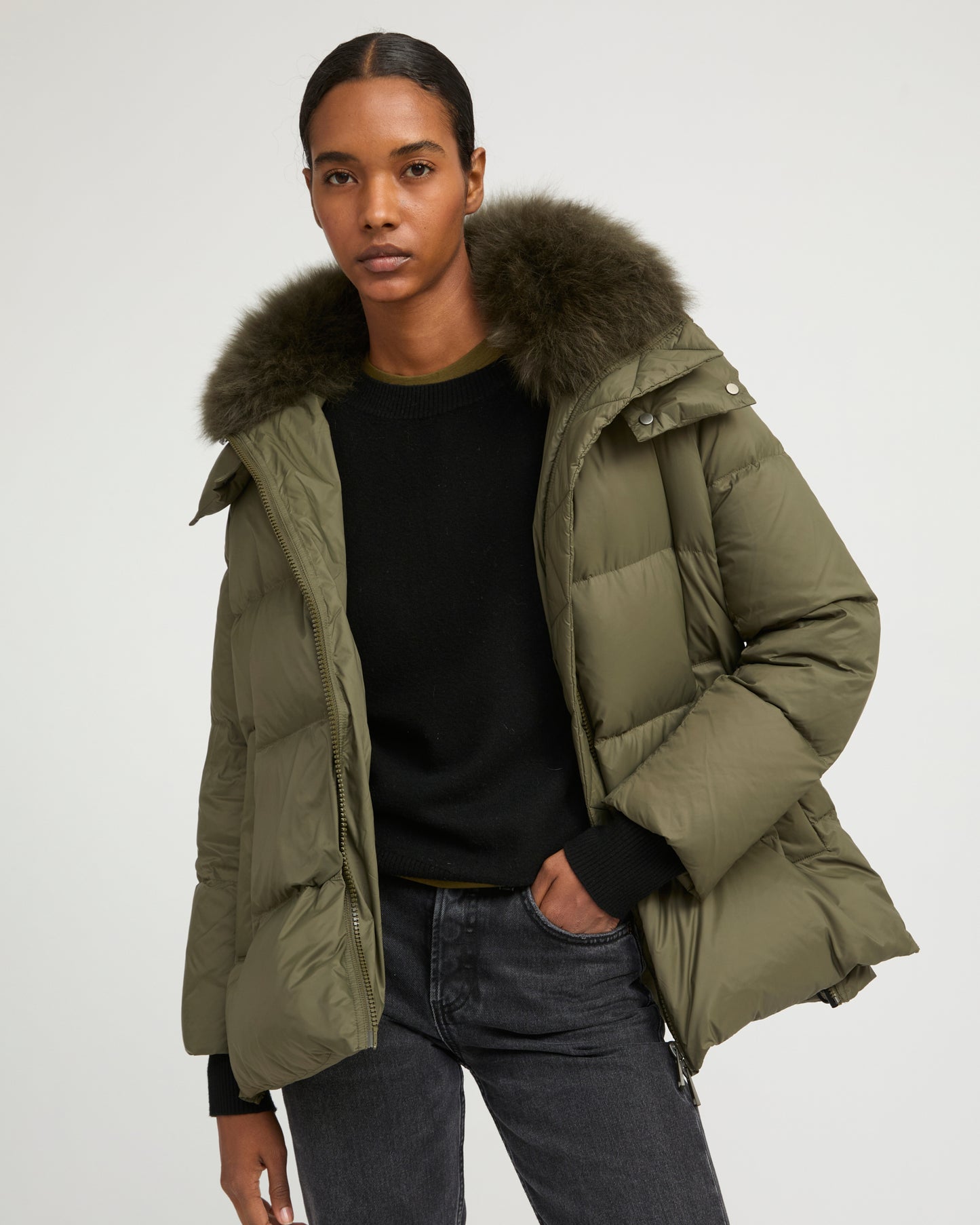 Iconic "A" line down jacket with lambswool collar - Yves Salomon