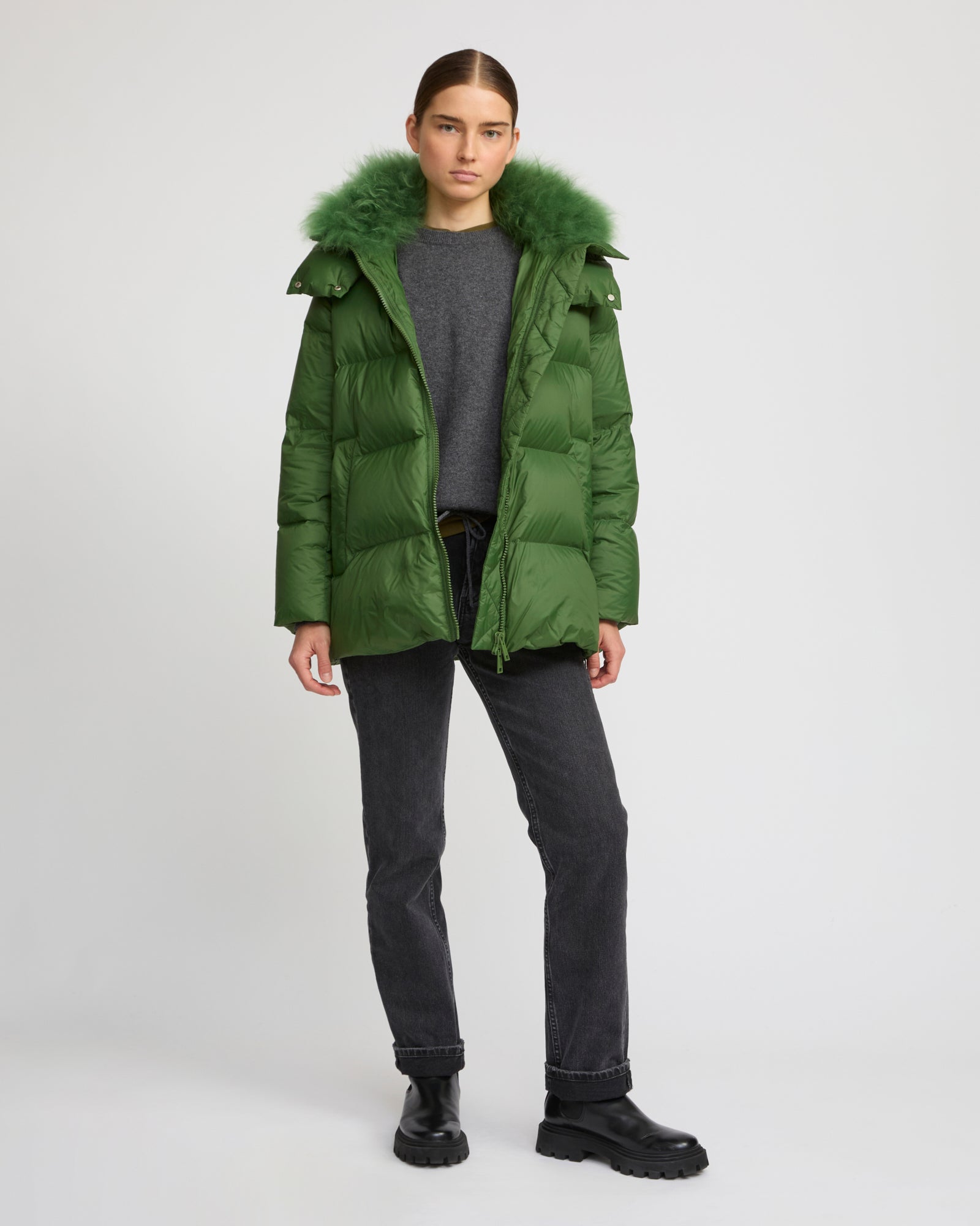 Iconic "A" line down jacket with lambswool collar - Yves Salomon