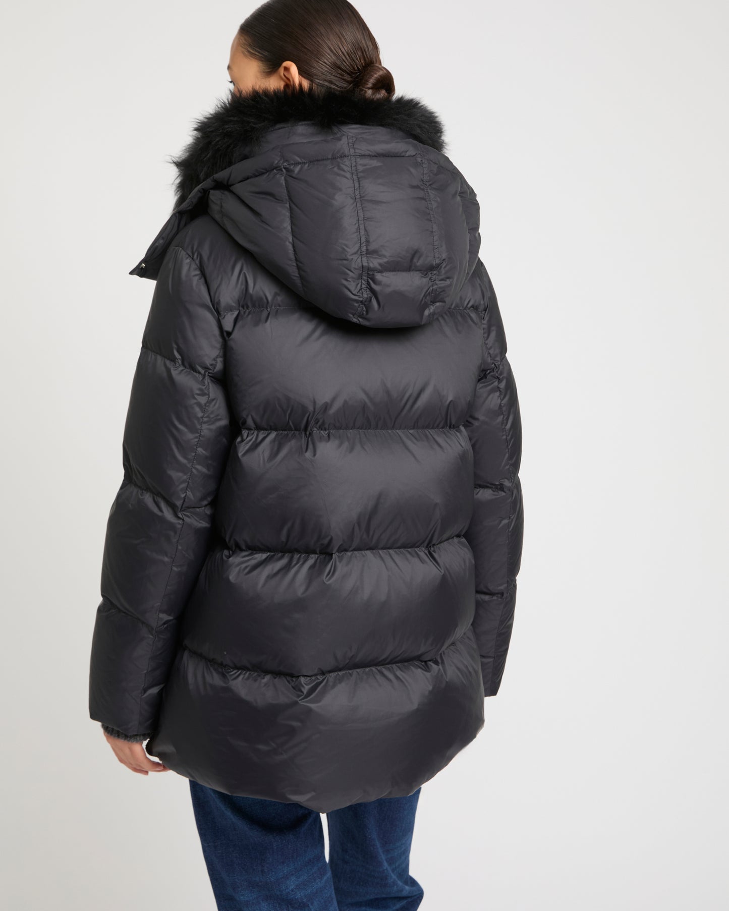 Iconic "A" line down jacket with lambswool collar