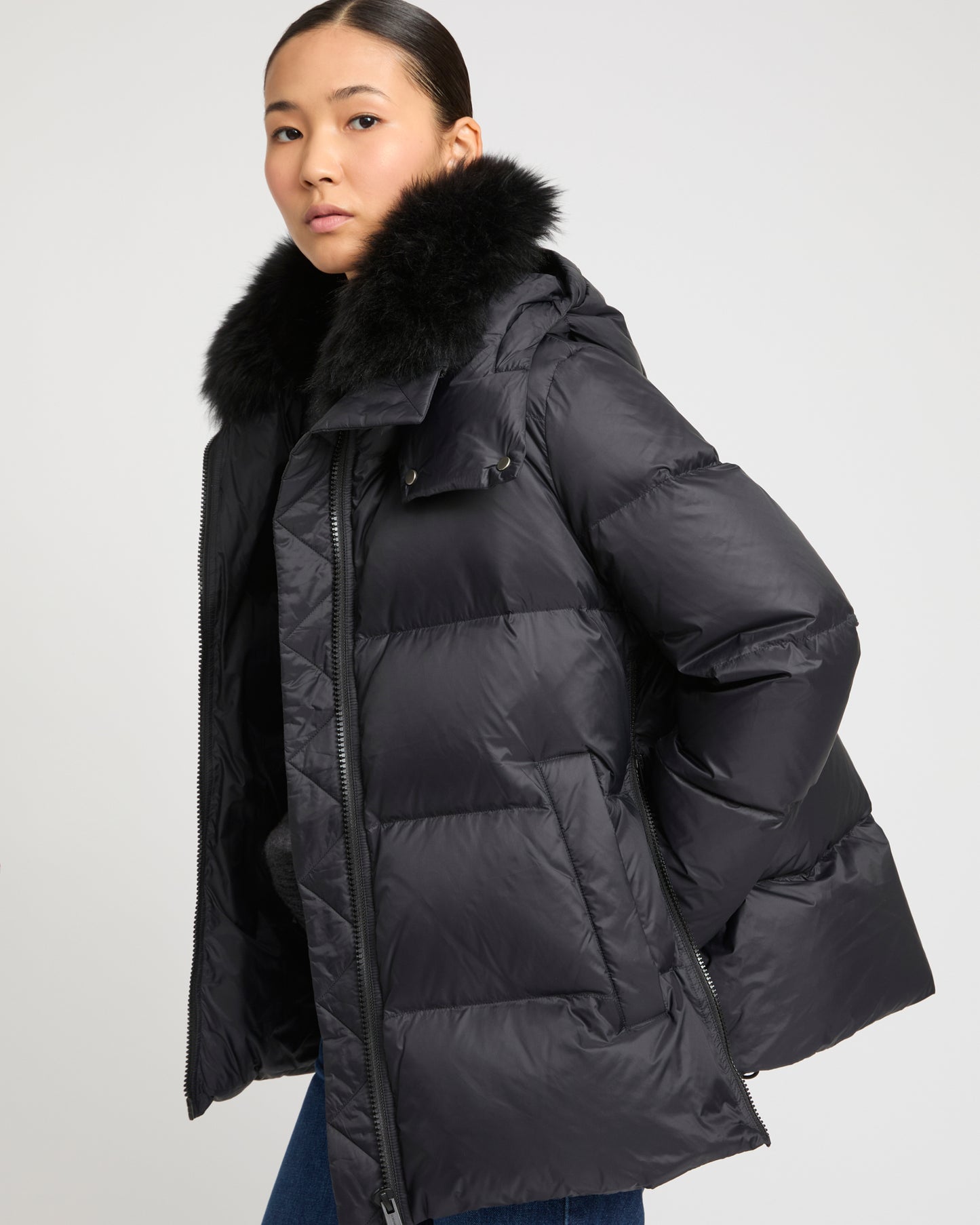 Iconic "A" line down jacket with lambswool collar