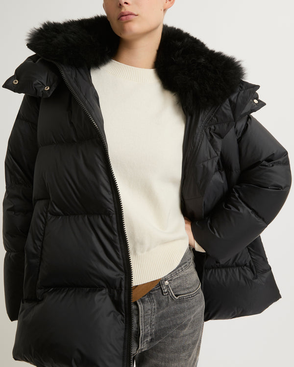 Iconic "A" line down jacket with lambswool collar