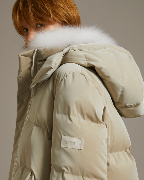 A line down jacket in icy water-repellent technical fabric with collar trim in fluffy lambswool