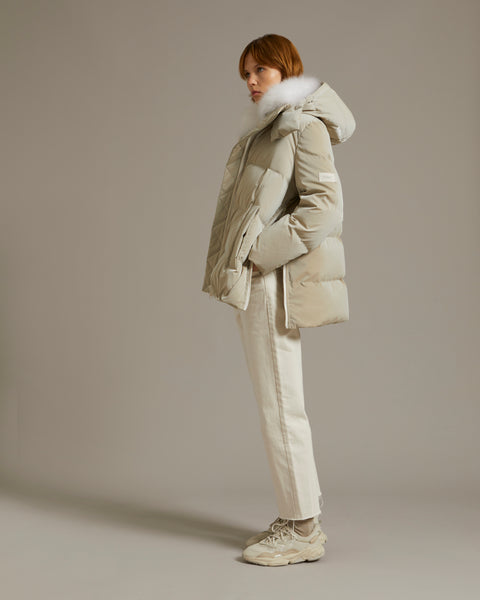 A line down jacket in icy water-repellent technical fabric with collar trim  in fluffy lambswool - beige - Yves Salomon – Yves Salomon US