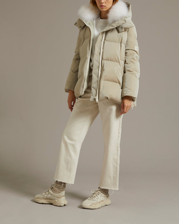 "A" line down jacket in icy water-repellent technical fabric with collar trim in fluffy lambswool