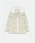 "A" line down jacket in icy water-repellent technical fabric with collar trim in fluffy lambswool