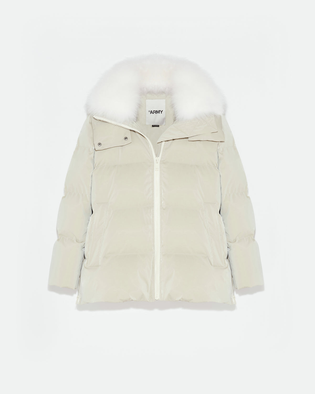 A line down jacket in icy water-repellent technical fabric with collar trim in fluffy lambswool-Yves Salomon-Winter sale & boxing day