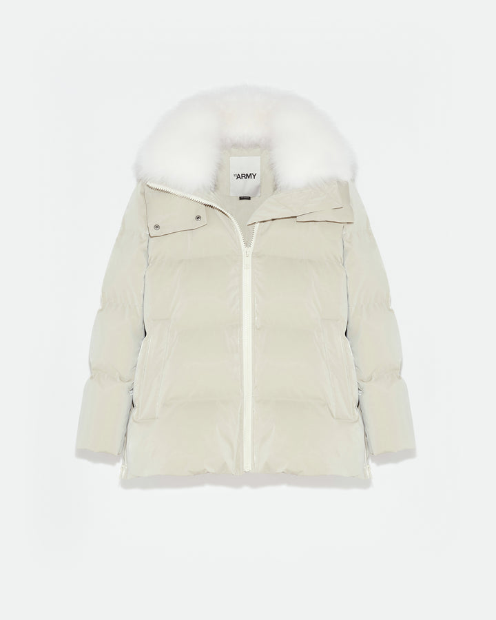 A line down jacket in icy water-repellent technical fabric with collar trim in fluffy lambswool-Yves Salomon-Winter sale & boxing day