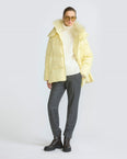 A-line down jacket in waterproof technical fabric with airy lambswool trim